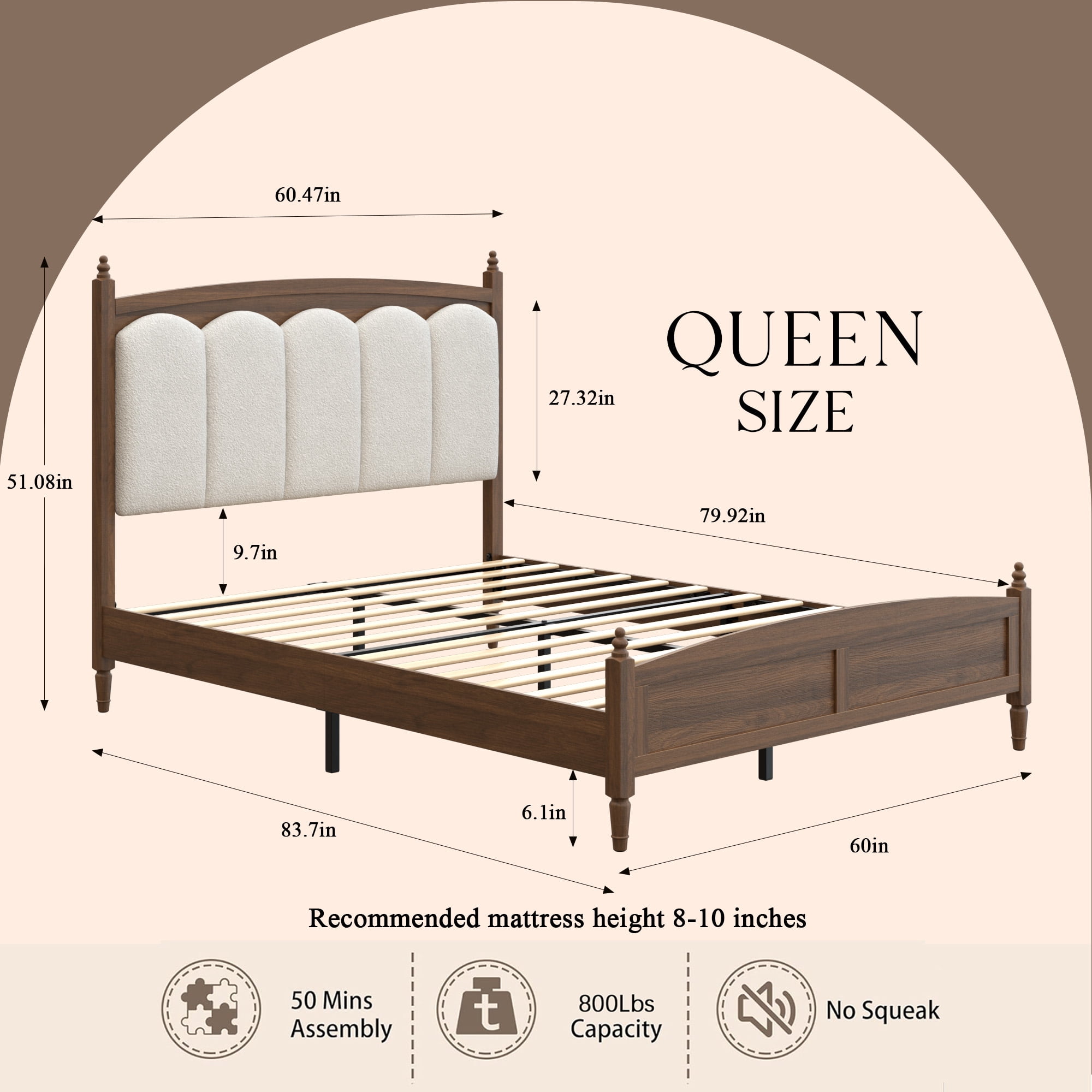 Euroco Queen Size Platform Bed with Upholstery Headboard, Vintage Mid Century Wood Bed, Brown
