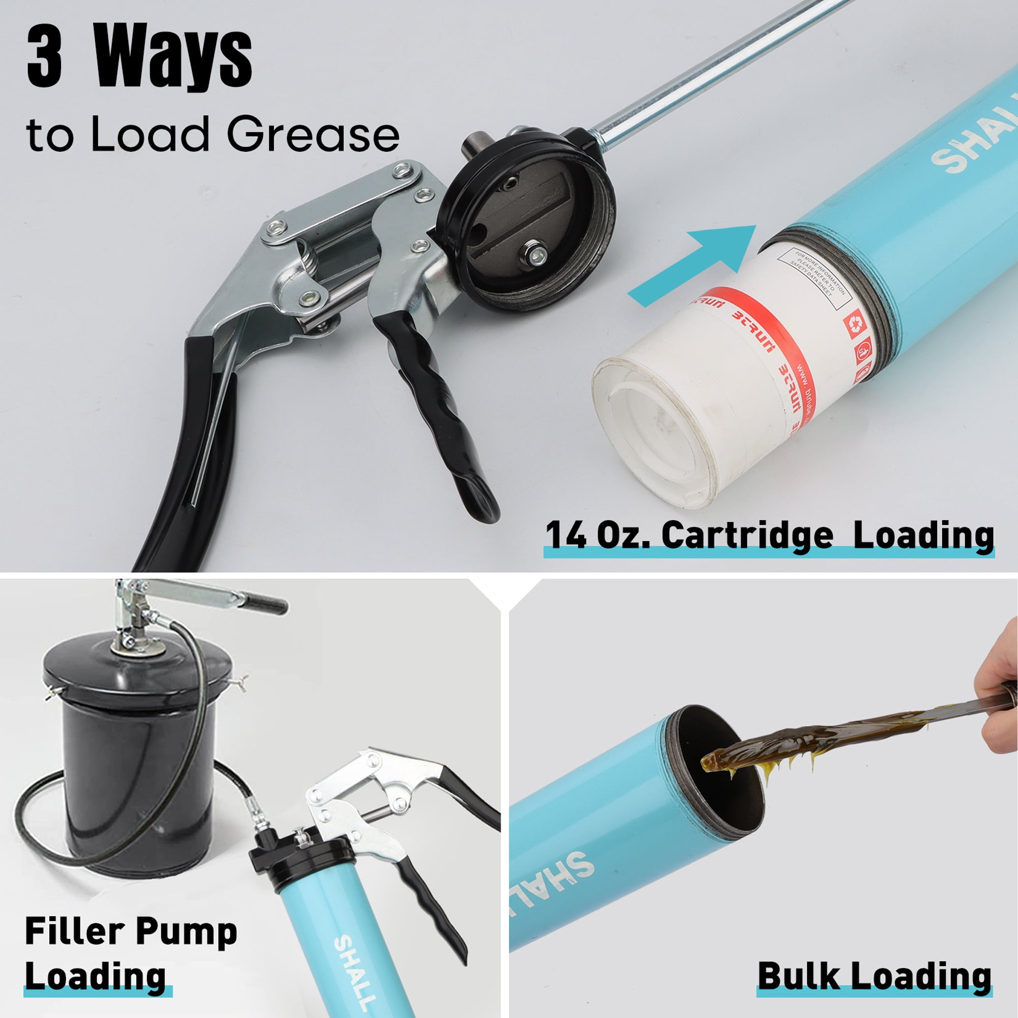 SHALL Grease Gun, 7000 PSI Heavy Duty Pistol Grip Grease Gun Kit w/Grease Gun Coupler, 18” Spring Flex Hose, Reinforced Coupler, 2 Extension Rigid Pipe, Sharp Nozzle, Fittings Cleaner | 14oz Load