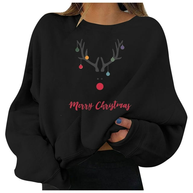 Aocisk Chandail à Col Rond à Manches Longues pour Femme avec Imprimé Graphique de Noël, Haut Décontracté à Motif Festif Noir G