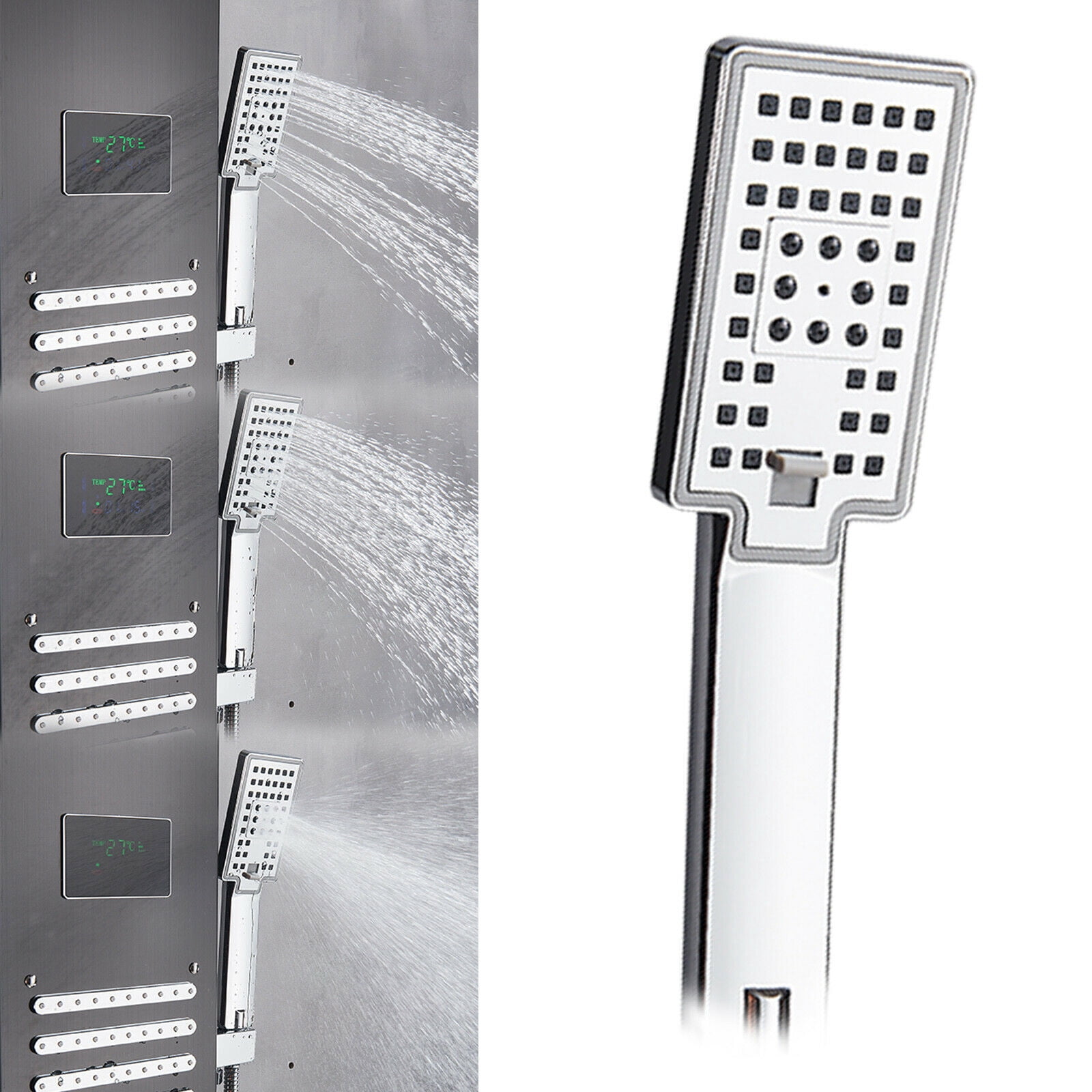 LED Shower Panel Tower System Rain&Waterfall Massage Black Stainless