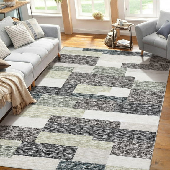 Hasoo 8' x 10' Area Rug for Living Room Modern Geometric Washable Rug Patchwork Indoor Low Pile Throw Carpet for Dorm, Gray/Green