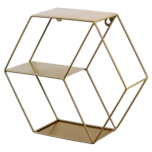 Estantería hexagonal creativa de estilo nórdico, de hierro forjado, de doble capa, para pared, para dormitorio, sala de estar, con acabado decorativo, sin clavos (dorada).