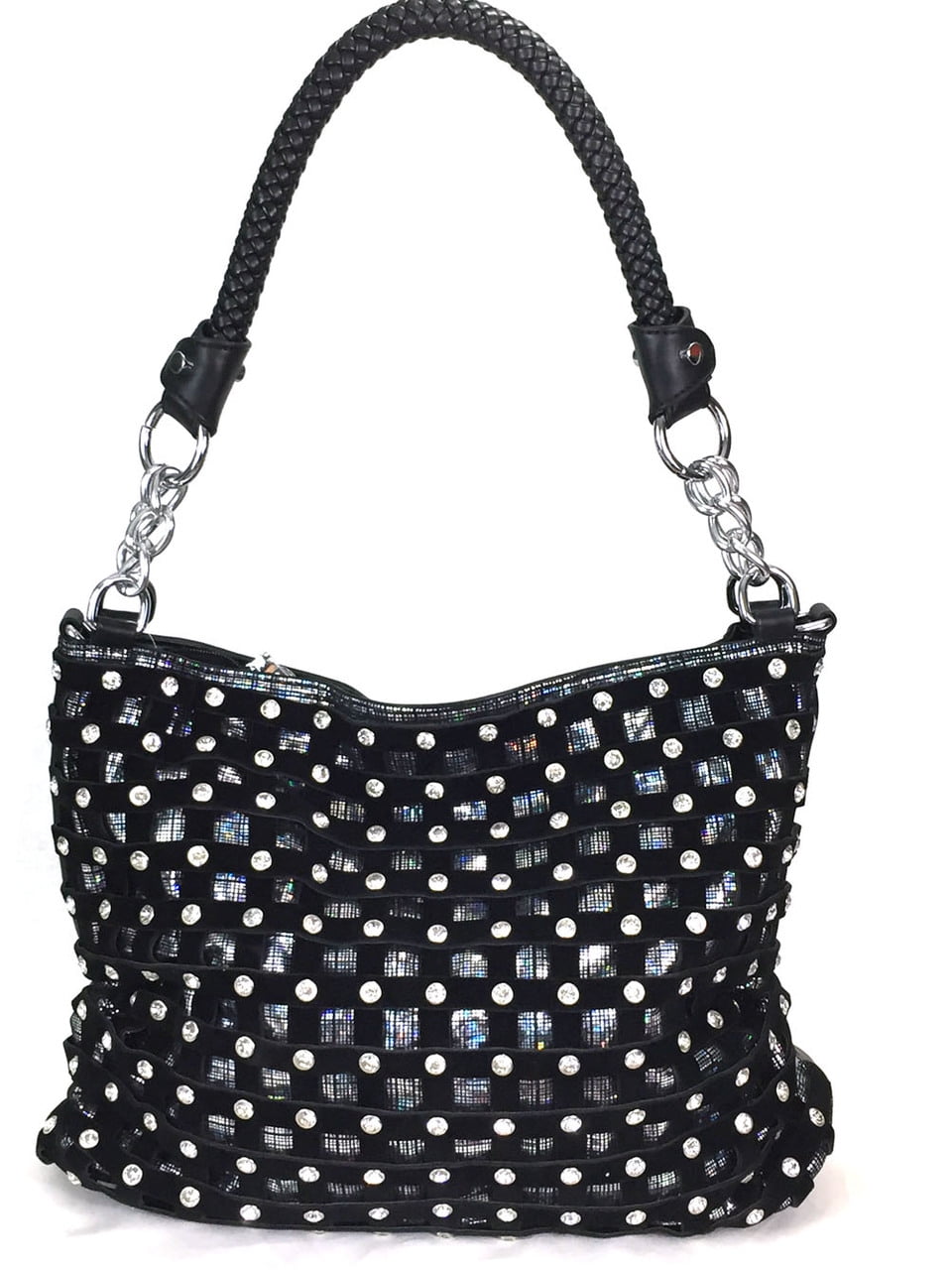 Zzfab Sparkle Rhinestone Suede Hobo Handbag Black