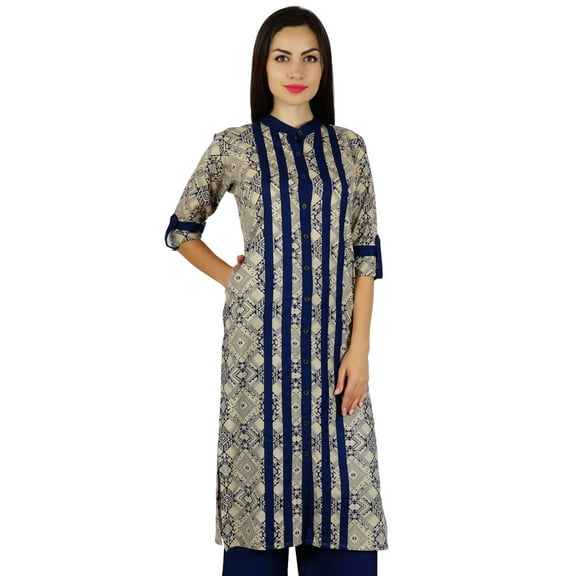 Bimba Women Mandarin Collar Straight Kurti With Pockets Summer Tunic Blouse