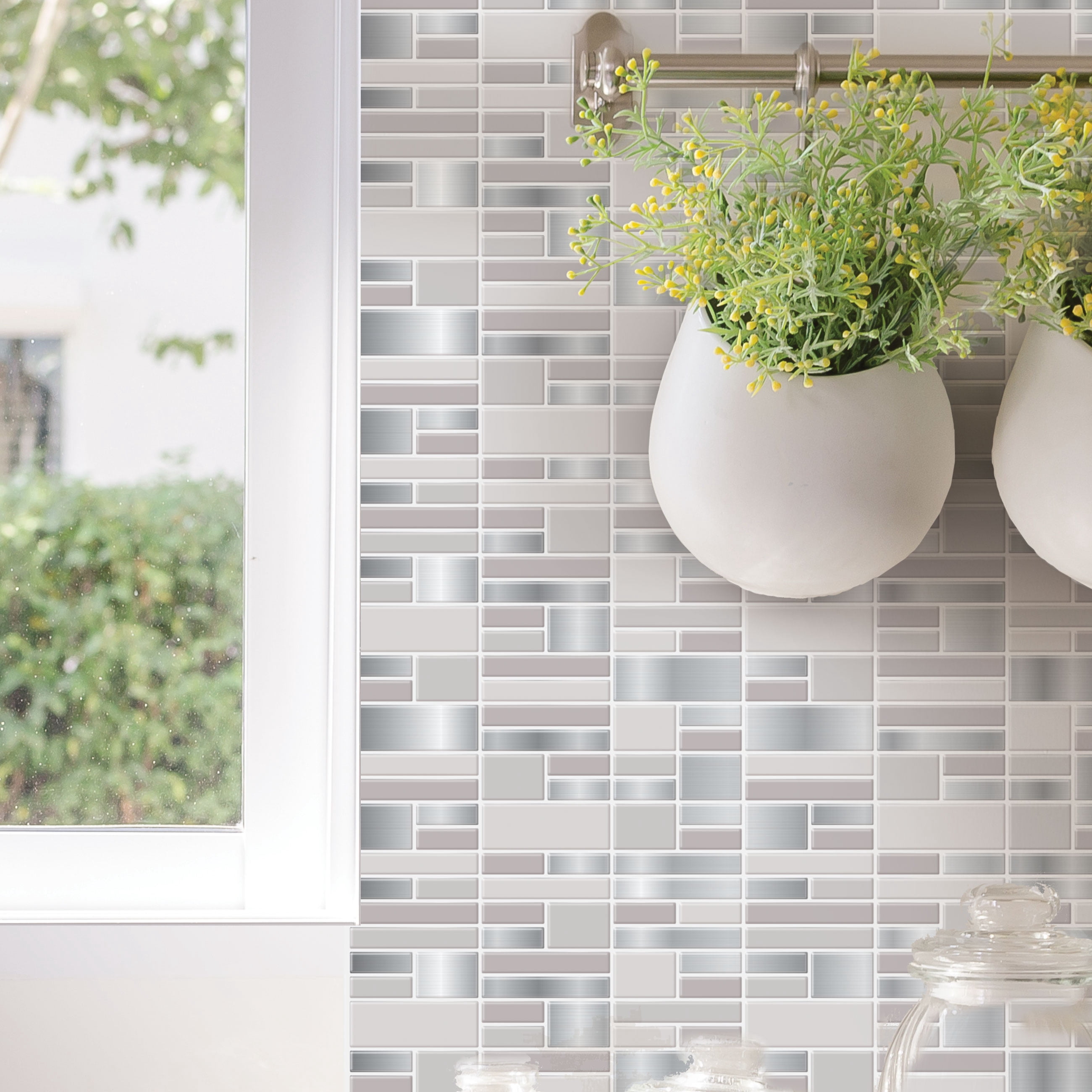 Main Street Peel & Stick Wallpaper Tiles, Silver and Gray, 8 in x 8 in, 24 Pack, Self Adhesive Wall Tiles for Kitchen Backsplash and Home Decor