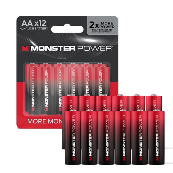 Monster Power Pilas Alcalinas AA Paquete de 12, Pilas LR6 Doble A de 1.5V, Energía Duradera y Resistente a Fugas para Controles Remotos, Juguetes, Linternas y Dispositivos Del Hogar
