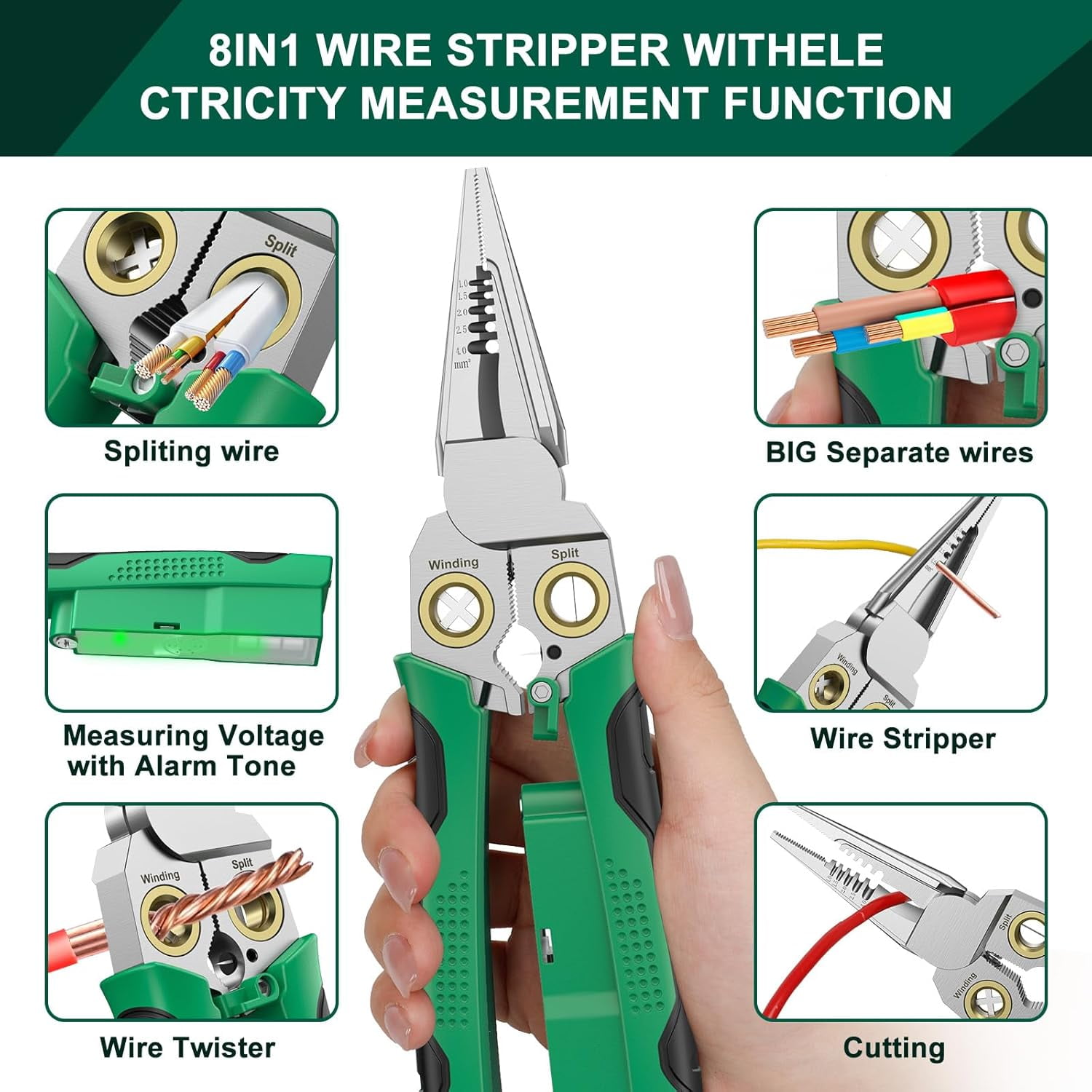 8-in-1 Wire Crimper Stripper with Voltage Detector & Dual Alarms – Heavy Duty 12‑250V AC/DC Tester for Hot/Neutral Wires, Electrician, HVAC, Car Repair Tool