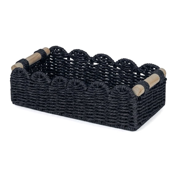 Aemutady Scalloped Basket with Wooden Handles, Black (14"x6.3"x3.9") – Woven Wicker Toilet Paper Storage Basket for Bathroom & Home Decor