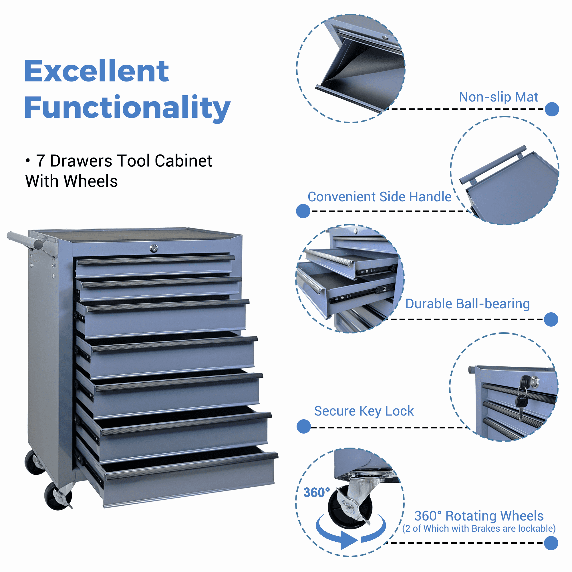 Rolling 20-Inch Metal Tool Chest with 7 Drawers and Ball Bearing Slides, Steel Tool Cabinet for Garage and Workshop, Grey