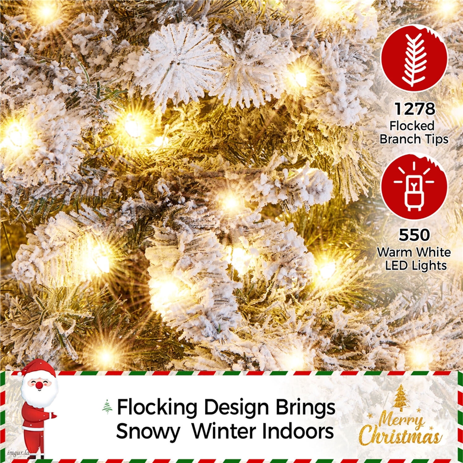 Alden Design 7.5FT Pre-lit Snow Flocked Christmas Tree, Christmas Fir Tree with LED Lights and Foldable Stand, Green & White