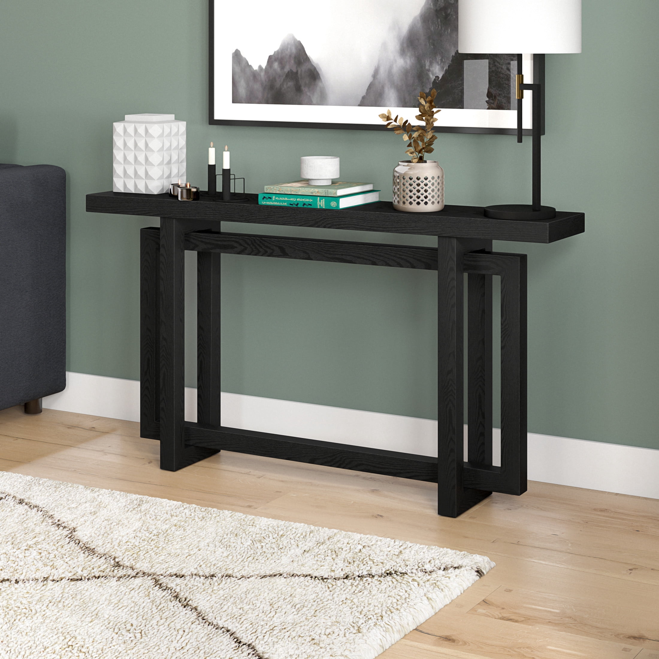 Evelyn&Zoe Breslow 55" Wide Rectangular Console Table, Black Grain