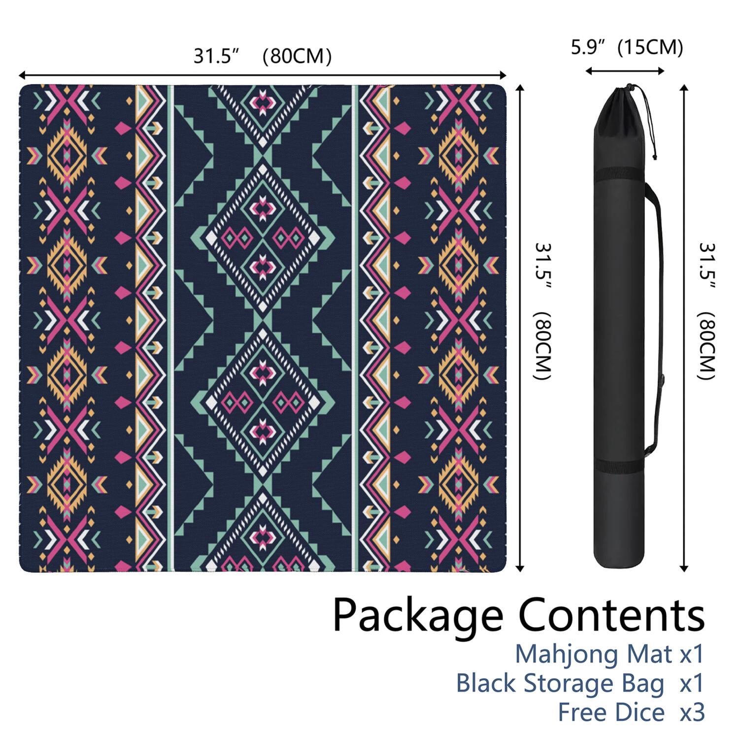 Classic Boho Pattern Non-Slip Game Room Mat 31.5 Inch Square Rubber Mahjong Playing Surface with Noise Dampening for Card Games and Board Game Nights