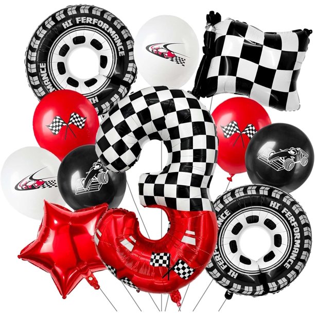 racing theme 40-inch digital foil balloon, featuring black and white checkered pattern and red racing elements, perfect for birthday party decorations and racing-themed events. (Number 3, 11)