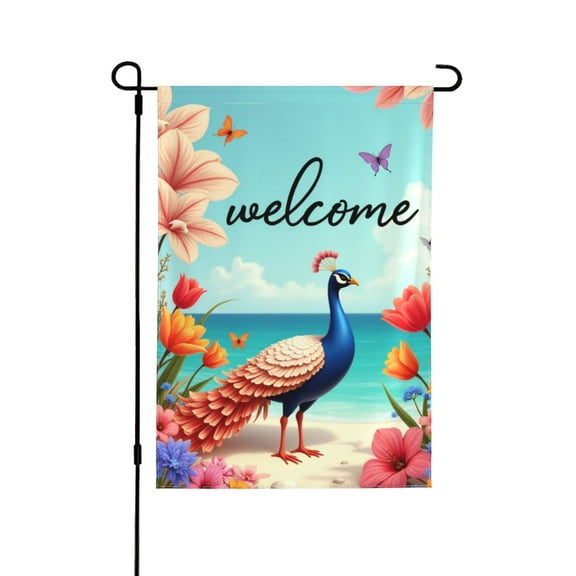 Welcome Spring Summer Garden Flag 12x18 Inch， Double Sided Peacock Beach Floral Butterfly Garden Flag Outdoor Yard Decor