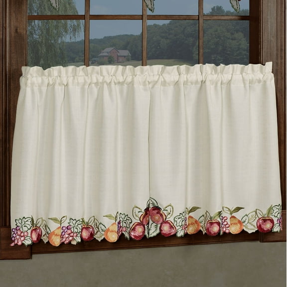 Fruitful Embroidered Slubbed Oatmeal Window Tier Pair 60 x 36