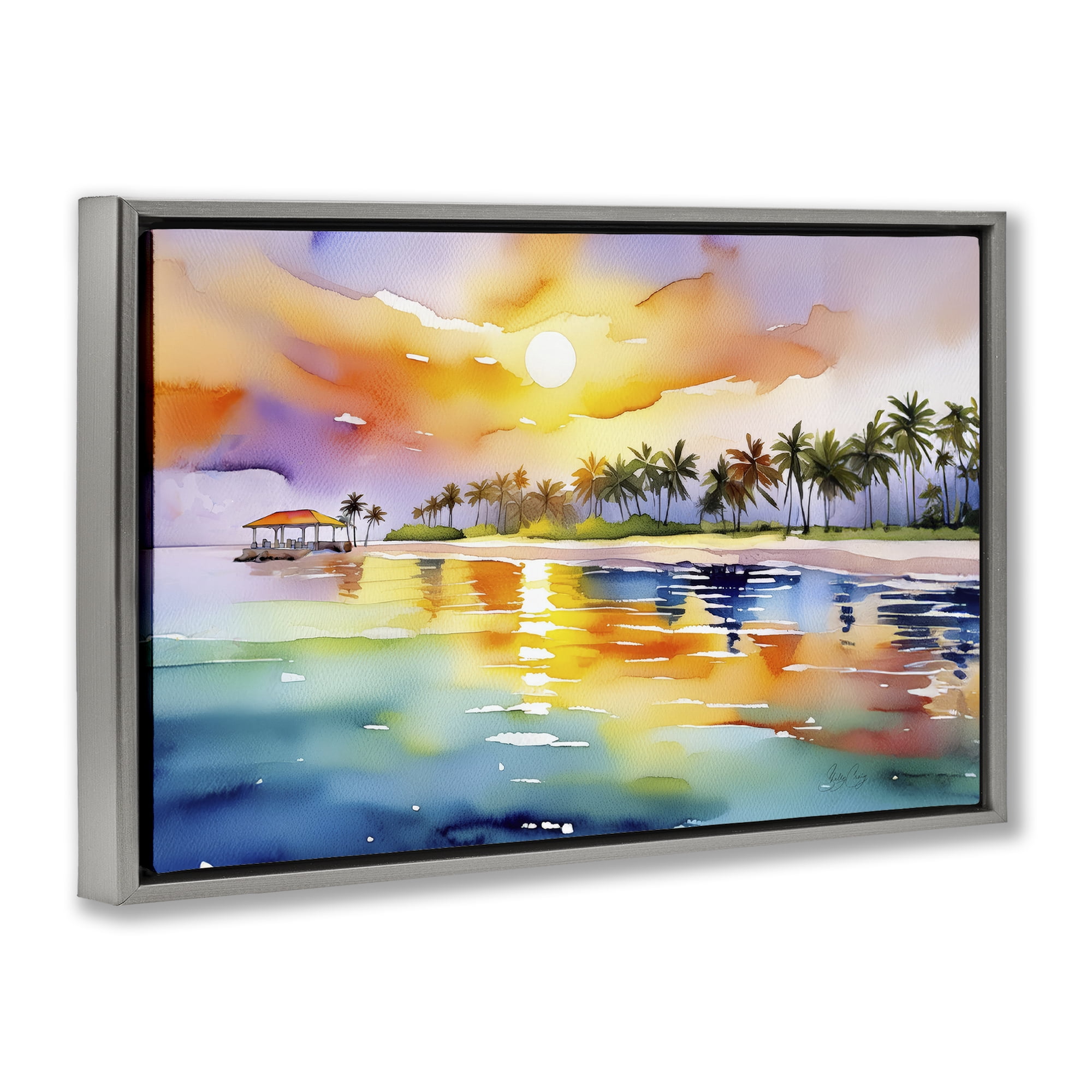 Stupell Industries Caribbean Calm Sunset Gray Framed Floater Canvas Wall Art, design by Shelly Craig