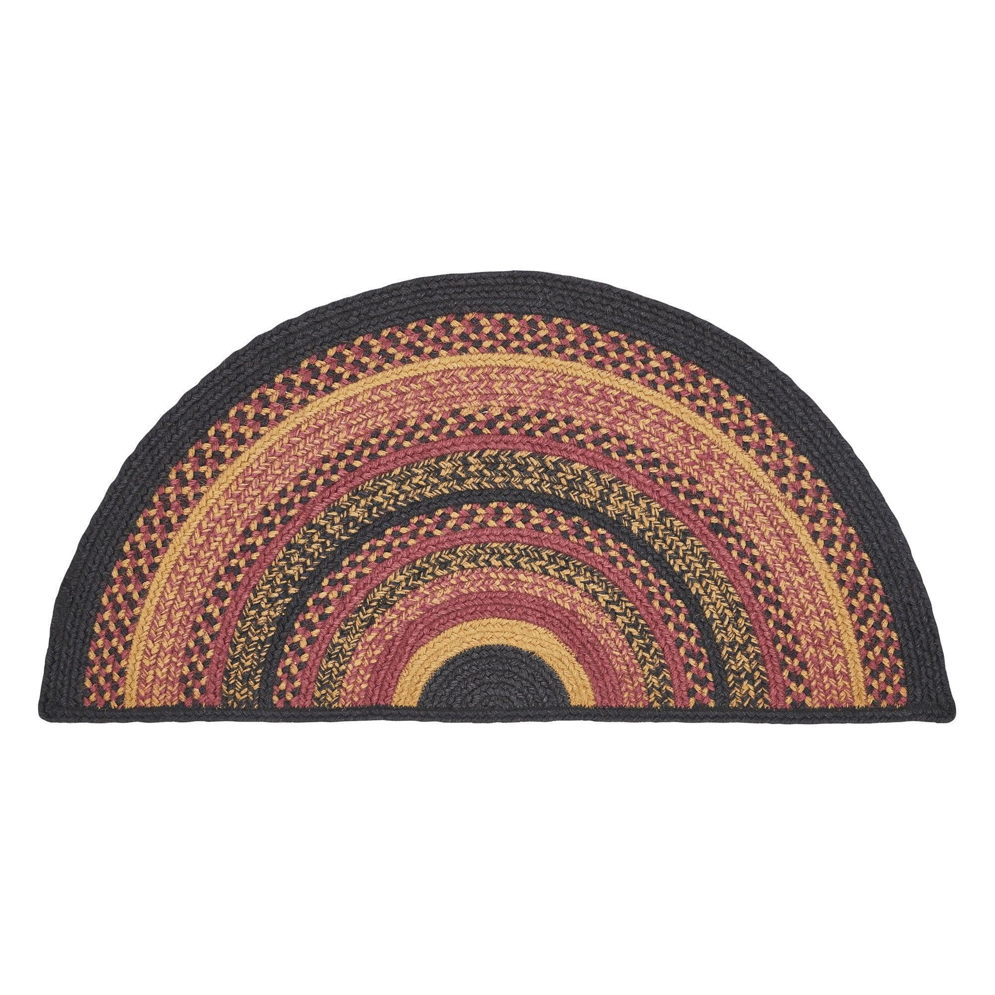 VHC Brands Heritage Farms Braided Jute Rug, Non-Skid Pad, Half Circle Door Mat, Red Black Tan. 16.5x34