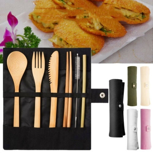 New 6 Pcs Bamboo Utensils Set Reusable Eco Friendly Portable Travel ...