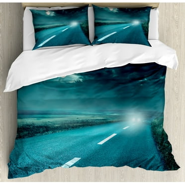 Horror House Decor Queen Size Duvet Cover Set, Highway Road to Hell under Storm Clouds Asphalt Twilight Terror Image Artwork, Decorative 3 Piece Bedding Set with 2 Pillow Shams, Blue, by Ambesonne