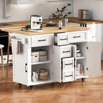 56.5'' Kitchen Island with Drop Leaf, Power Outlet, Embossed Vertical Stripe Rolling Kitchen Cart on Wheels with 4 Doors , 5 Deep Drawers and Adjustable Shelves, for Kitchen, Dining Room, White