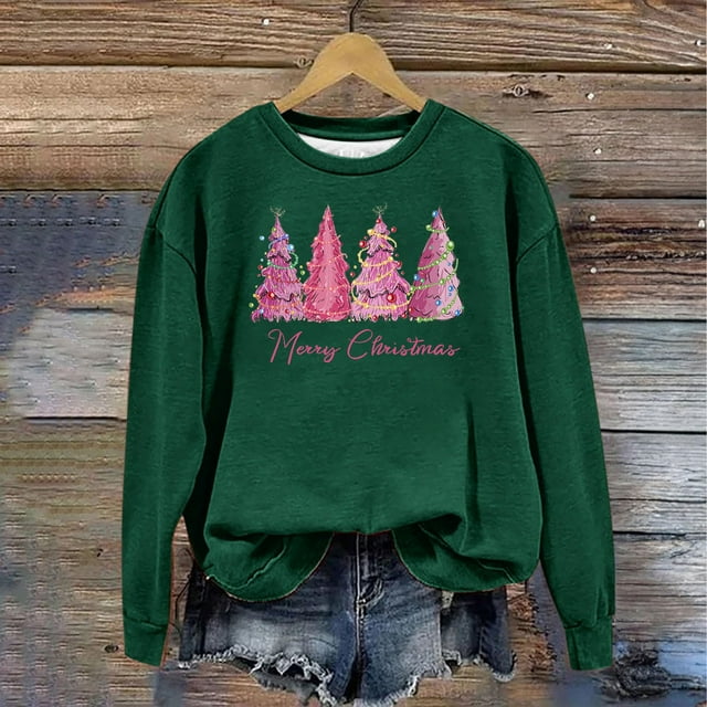 Babysbule Chemises de Noël pour Femmes Imprimées Col Rond Manches Longues Chandail Ample Liquidation Mode