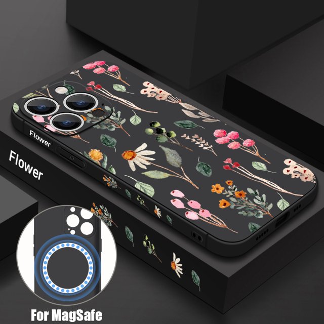 Colourful Flower Pattern Phone Case For iPhone 16 15 14 13 12 Pro Max 11 Magnetic For Magsafe Wireless Charge TPU Silicone Cover black For iPhone 15 ProMax
