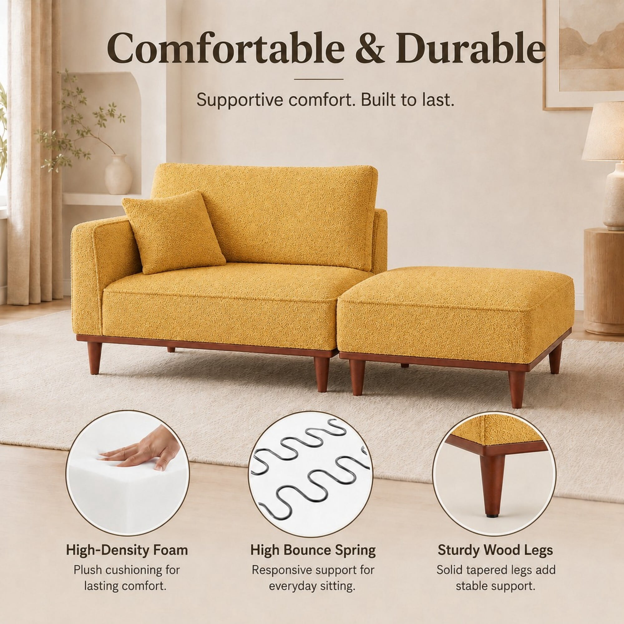 DEALTOPS Convertible Boucle Upholstered Chaise Lounge Chair with Ottoman for Living Room Bedroom, Yellow