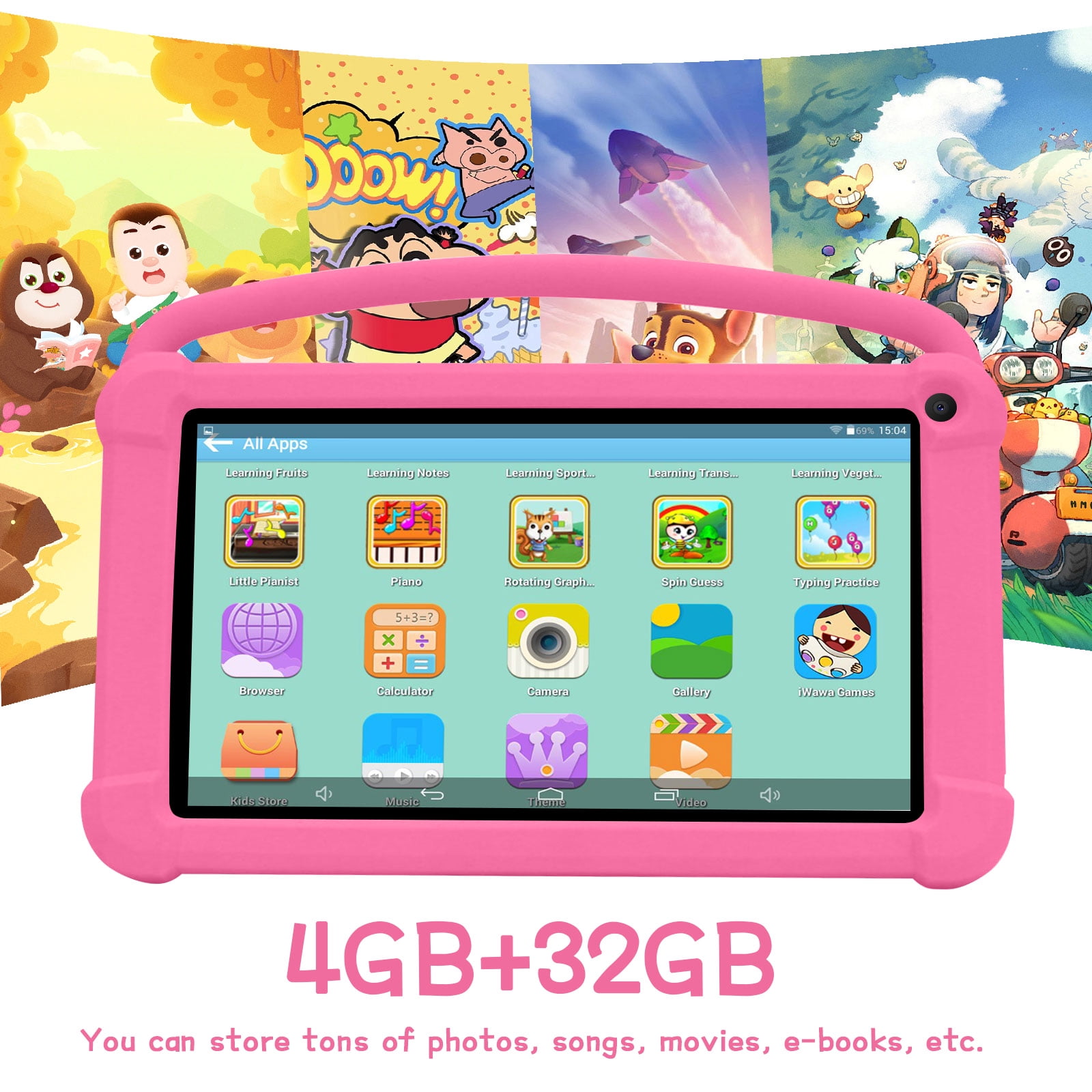 Kids Tablets, Android 12 Tablet for Kids, 4GB RAM 32GB ROM Toddler Tablet 7 inch IPS Screen, Parental Control, 2+5MP Dual Camera, Shockproof Case for Educational, Games
