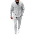 thumbnail image 2 of YueHuiYing Men's Solid-Color Casual Sporty Round-Neck Button Stand-Up Collar Long Sleeved Top Pocket Drawstring Long Pants Two Piece Set, 2 of 9