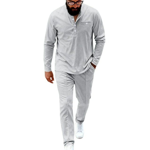 Men's 2 Piece Plaid Jacquard Track Suit - Quarter Button Polo Sweatshirt & Jogger Pants Set,Gray,Small