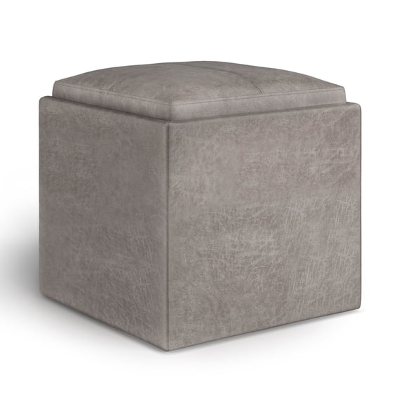Simpli Home Rockwood 17 inch Wide Contemporary Square Cube Storage Ottoman with Tray in Distressed Grey Taupe Vegan Faux Leather, Assembled