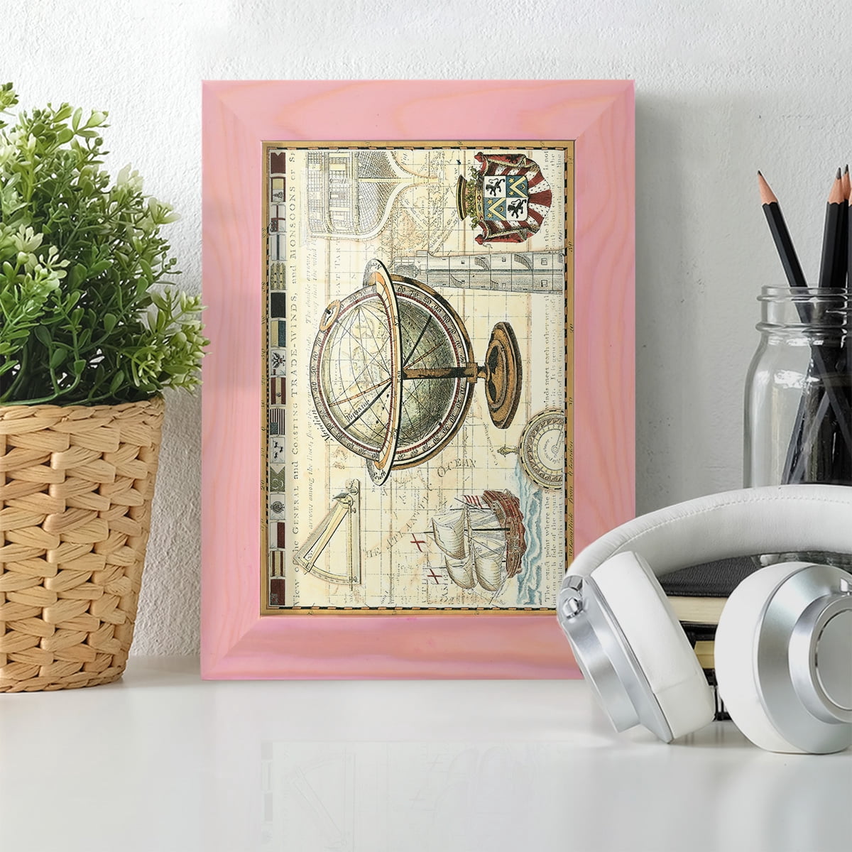 Nautical Map II -Framed Print w/glass-Sunset Pink