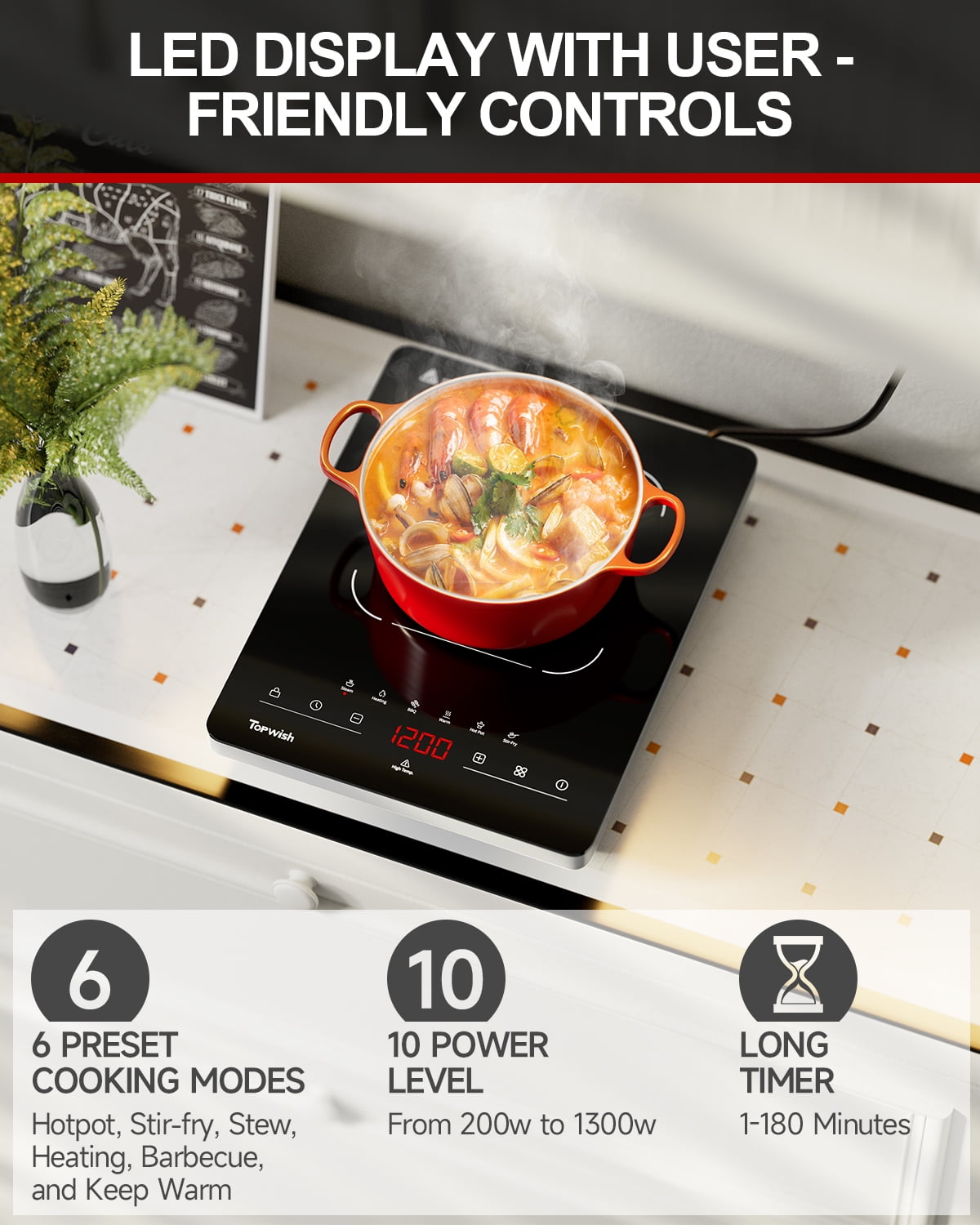 TOPWISH Portable Electric Cooktop, 1300W Single-Burner Ceramic Hot Plate, 110–120V Countertop Stove with 6 Preset Functions, 10 Power Levels, LED Touch Control, Timer, Child Lock & Residual Heat Indi