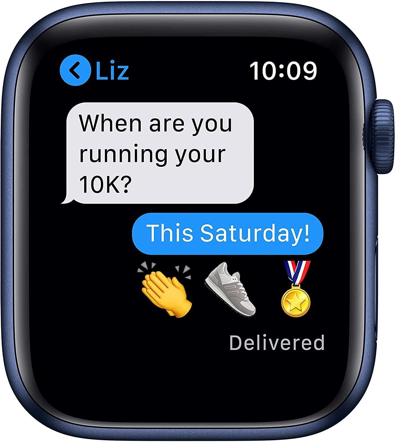 Restored Apple Watch Series 6 (GPS, 44 mm) Blue Aluminum Case with Deep Navy Band Bundle 5 Bonus Bands, Charging Stand, Screen Protector, & 2 amp charger (Refurbished)