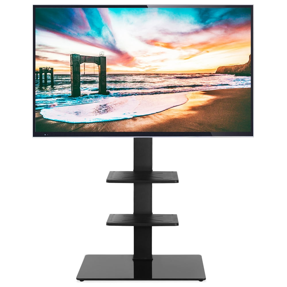 Rfiver Modern 3 Shelf Black Floor TV Stand 65 inch Glass Shelf, Black