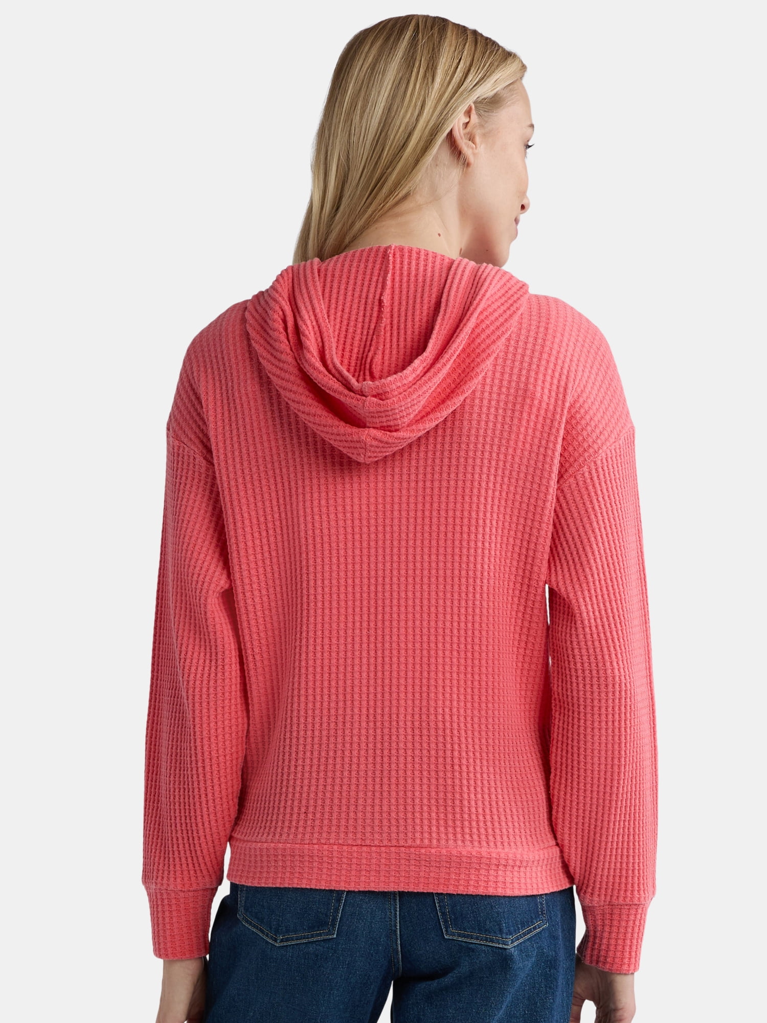 Time and Tru Women's Waffle Full Zip Hoodie with Long Sleeves, Sizes S-XXXL