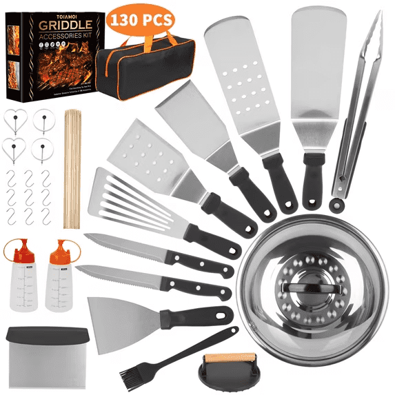 Ocalpur  Griddle Accessories Kit, 130 PCS Stainless Steel Griddle Accessories Set for Blackstone, Professional Grill BBQ Spatula Set for Outdoor Camping