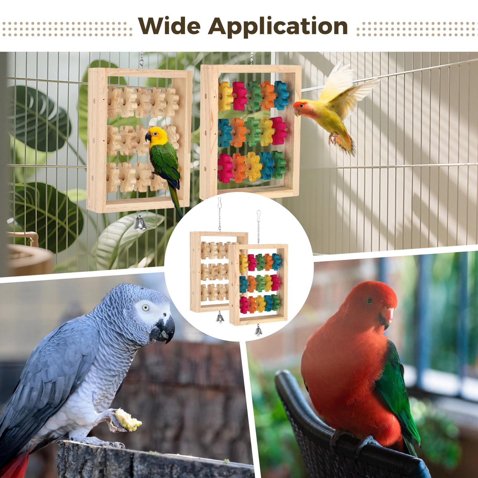2 PCS Wooden Bird Toys, Colorful Hanging Parrot Chew Puzzle with Rotating Blocks and Bell, Natural Wood Enrichment Training Toy for Budgie Conure Lovebird Cockatoo African Grey Macaw