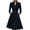 thumbnail image 2 of Women's Work Dress Office Dress Long Sleeve V-Neck Solid Color Waist Defining Full Skirt Maxi Dress for Commuting Spring Fall,Black,L, 2 of 4