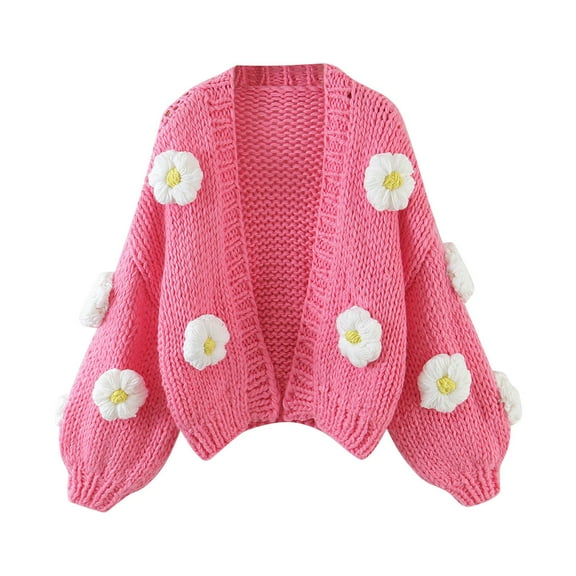 Women's Sweaters Fashion Casual Open Front Long Sleeve Flower Lantern Sleeve Knitted Cardigan Thick Cardigans Outerwear Coats