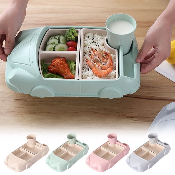 Feltree Car-Shaped Bamboo Fiber Baby Plates with Removable Sections, Suction Base, Travel-Friendly Toddler Feeding Set Includes Cup and Plates, BPA-Free Dishwasher Safe