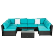 Kinbor 7 Pcs Outdoor Furniture Set Wicker Sectional Sofa Patio Conversation Sofa Set, Blue