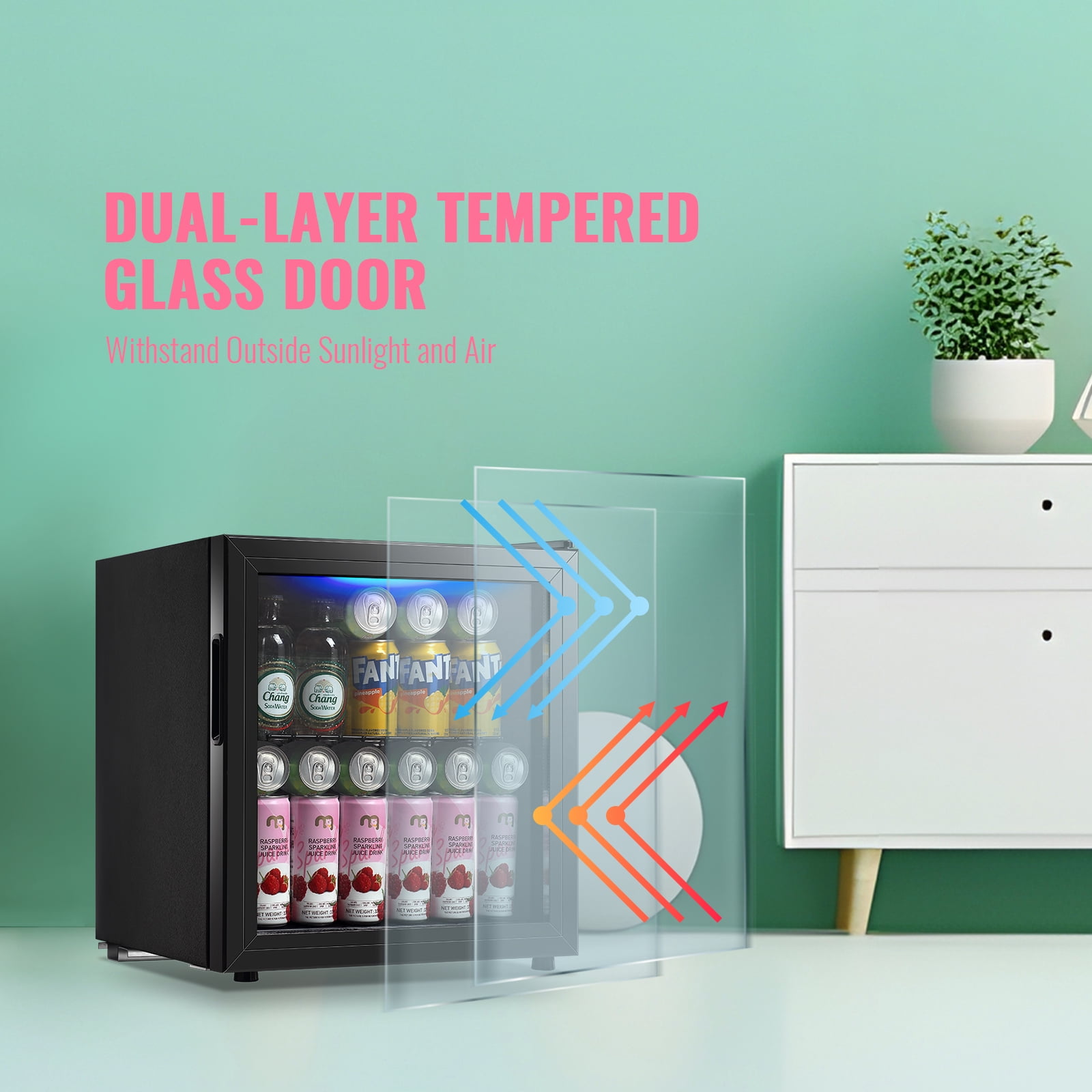 WANAI 1.7 Cu. ft Mini Fridge Beverage Cooler, 60 Cans Drink Fridge Black Glass Door for Beer Soda