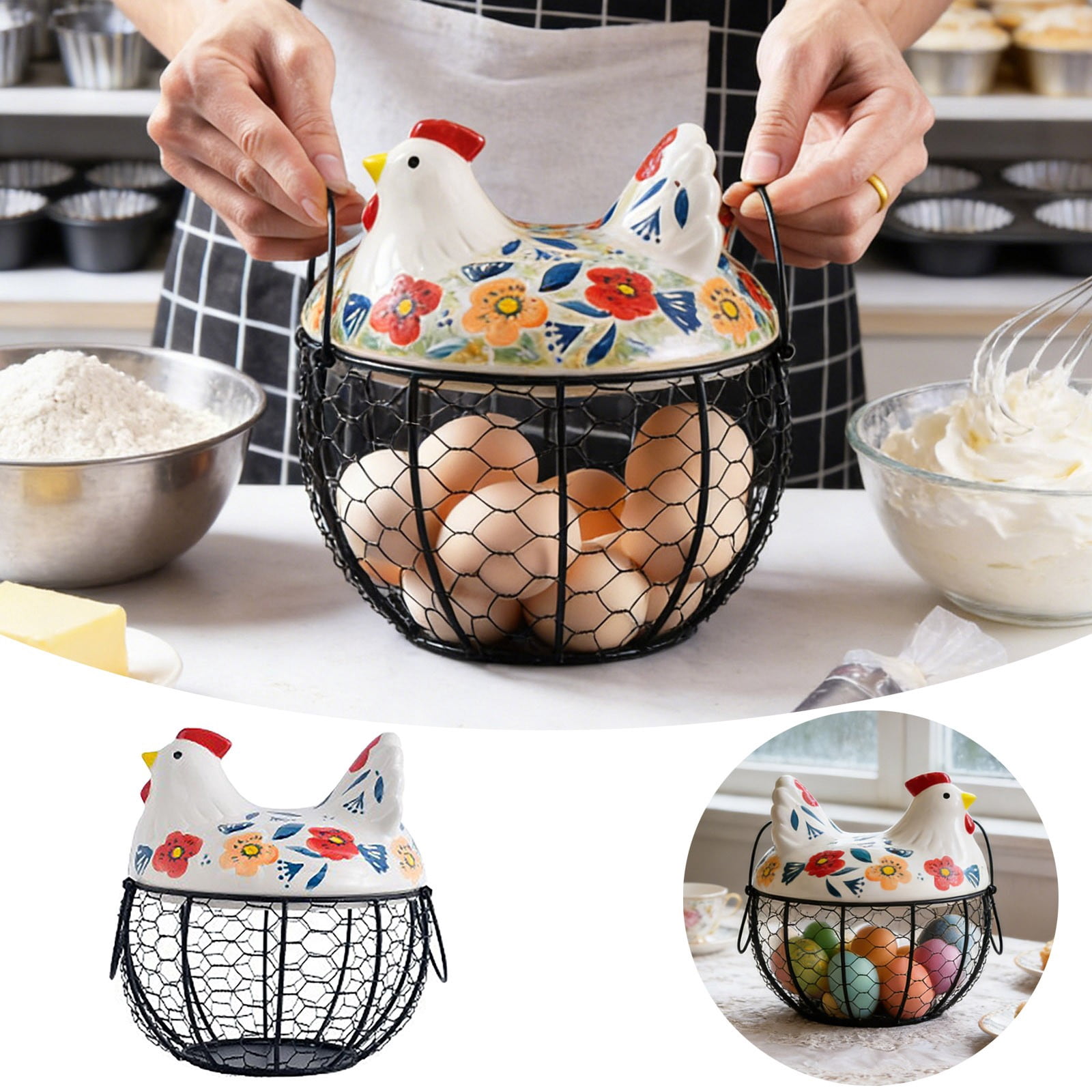 Farmhouse Egg Basket with Ceramic Lid, Black Wire Egg Holder for Fresh Eggs, Decorative Chicken Design Egg Storage Container, Kitchen Countertop Organizer Case for Eggs
