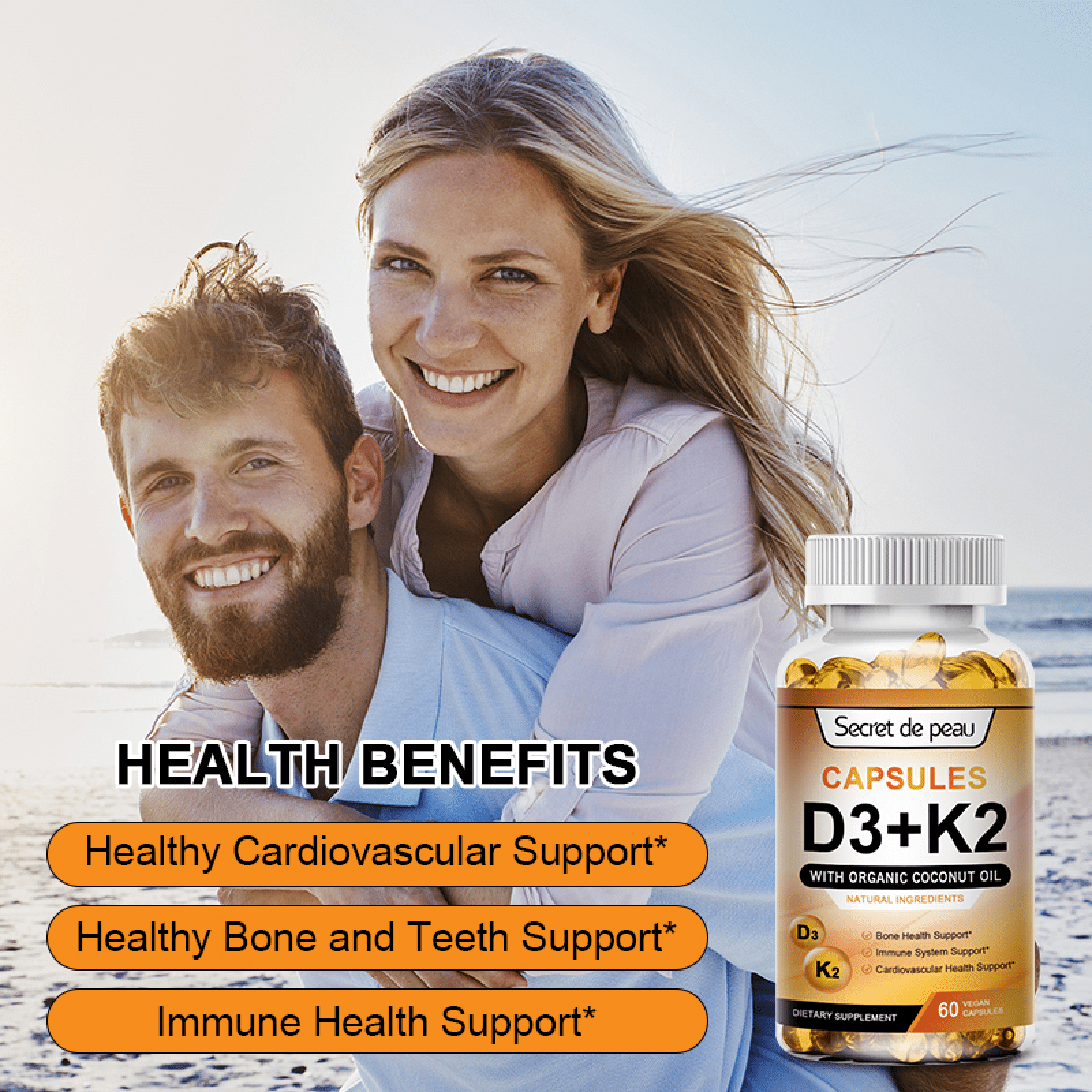 (2 Pack)Secret de peau Capsules D3 + K2 Vitamin Supplement,Supports Immune System,Heart,Bones,120 Ct