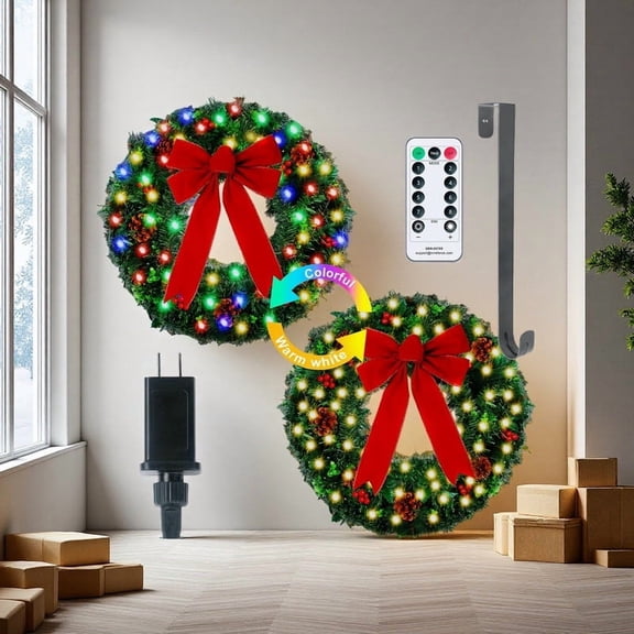 24 Inch White Pine Cone Christmas Wreath Remote Controlled, Battery Operated LED Door Decor with Timer & Hanger