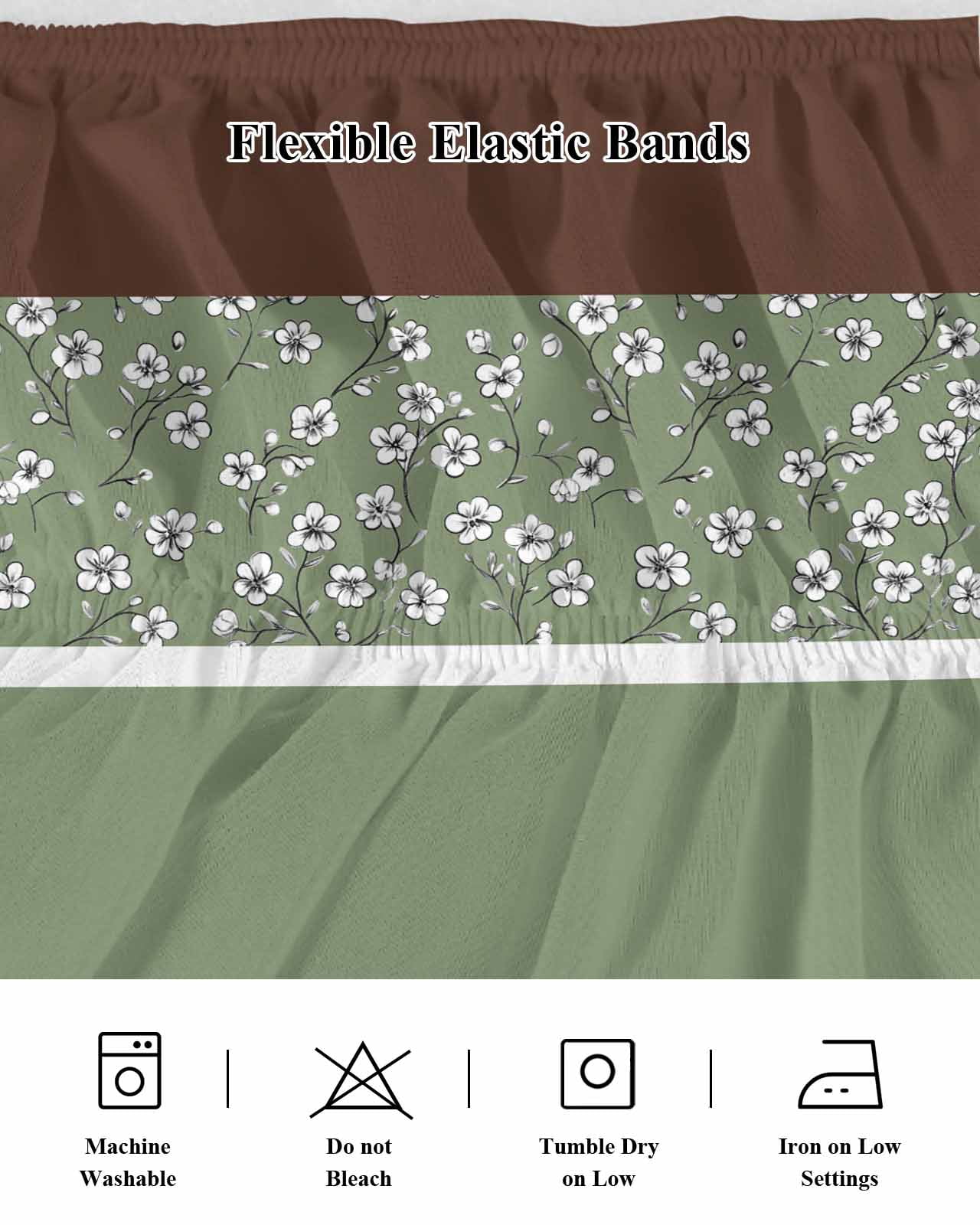 Sage Green Brown Flowers Wrap Around Bed Skirts for King Bed 18" Drop,Bed Skirt with Adjustable Elastic Belt Dust Ruffle Bed Valance for Bedroom Hotel Classic Botanical Art Elegant Bed Frame Cover