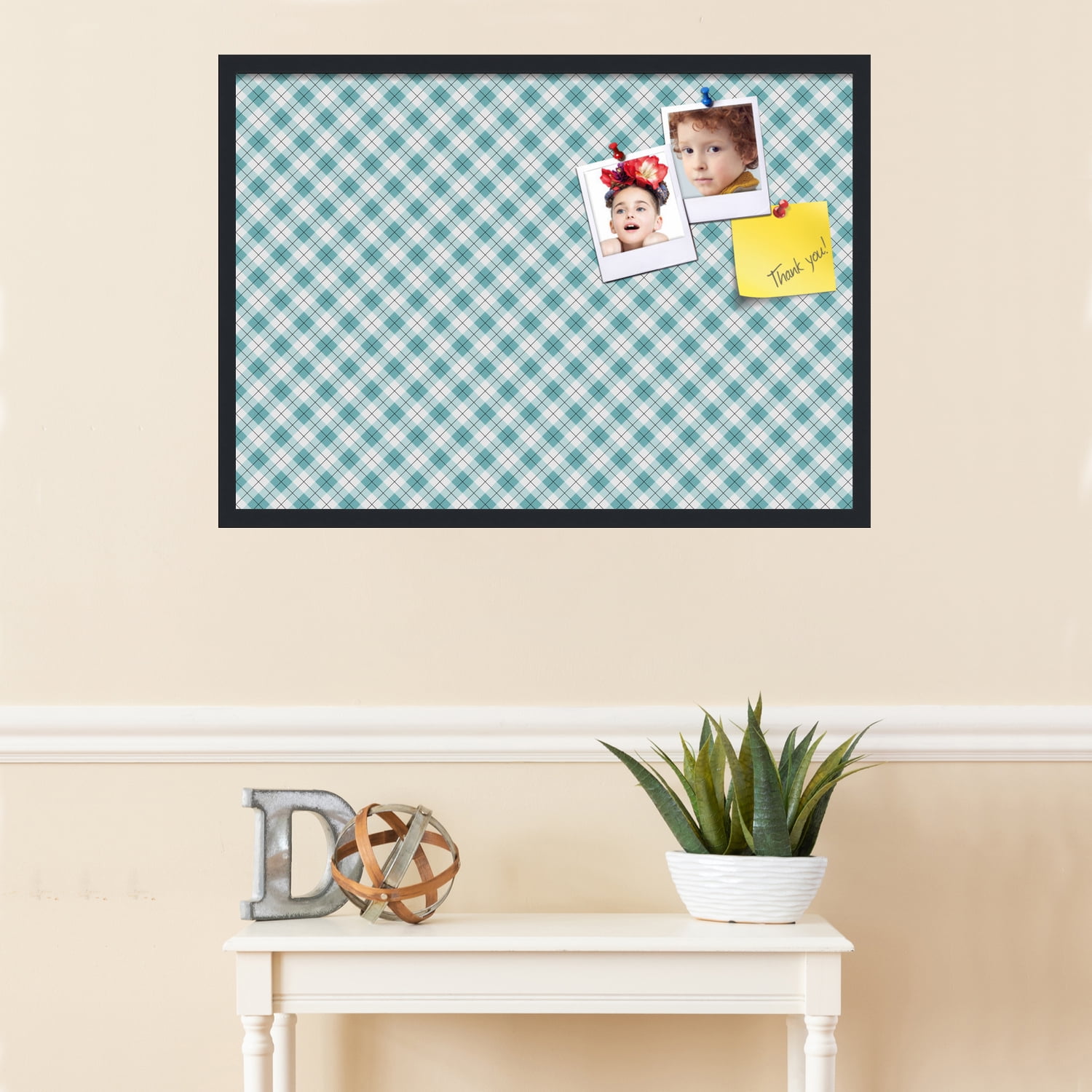 PinPix ArtToFrames 32x22 Custom Cork Bulletin Board Argyle Turquoise   Poster Board Has a Fabric Style Canvas Finish, Framed in Satin Black (PinPix-648)