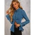 thumbnail image 5 of Denim Shirt Tops for Female Button Down Slim Fitted Long Sleeve V Neck Light-Weight Jean Jackets Denim Blue S, 5 of 9