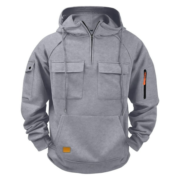 Dolkfu Sudadera con capucha de color sólido para hombre, sudadera de fitness con cuarto de cremallera y múltiples bolsillos, ropa deportiva para hombre XXXXXL